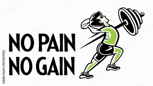 Motivational fitness graphic with the phrase no pain no gain and a stylized person lifting weights