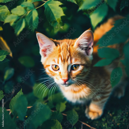 Ginger cat peeking through the leaves