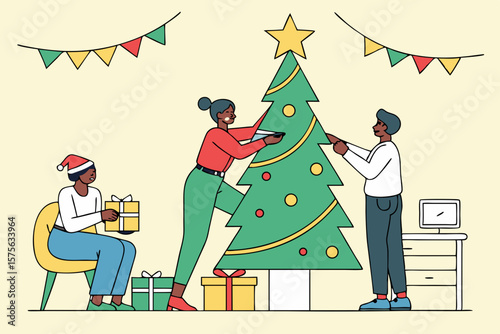 Diverse group of people decorating a christmas tree together with gifts and festive decorations