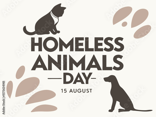 Homeless animals day august 15th celebration with silhouette of a cat and a dog and paw prints
