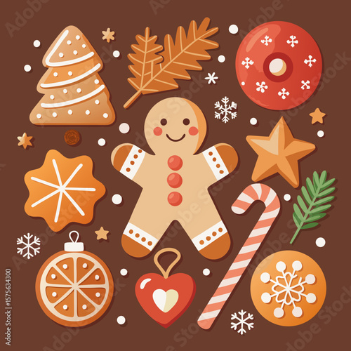 Festive christmas gingerbread cookies and decorations arranged on a brown background