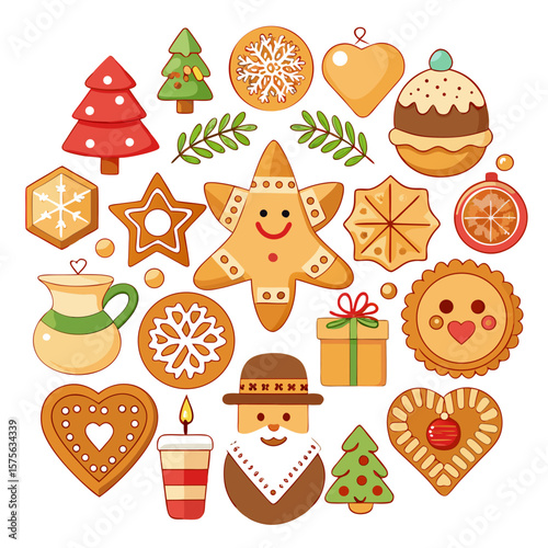 Collection of cute christmas gingerbread cookies and festive decorations