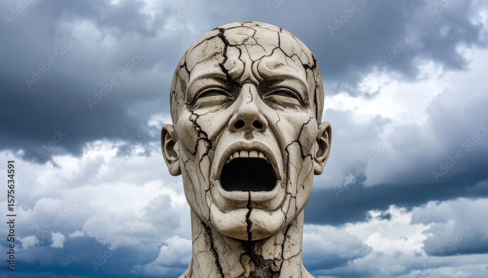 Obraz premium Cracked head sculpture against stormy sky