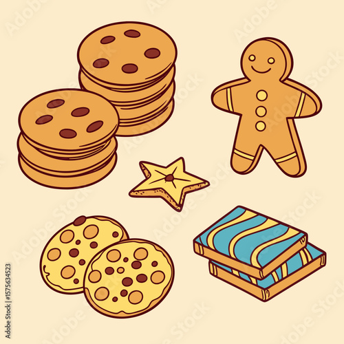 Collection of assorted sweet cookies and gingerbread man illustration