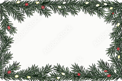 Festive christmas fir branch border with red berries and lights