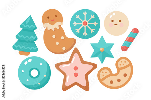 Collection of cute christmas cookies and festive treats in flat design