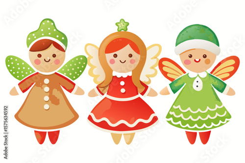 Three cute gingerbread angels in festive christmas outfits with wings