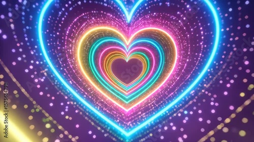 Abstract neon heart tunnel with colorful lights and glowing particle background for valentine's day or love concept, motion graphic