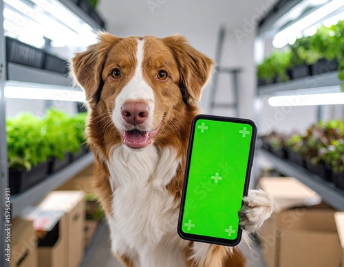 Dog holding a green screen smartphone in a plant nursery