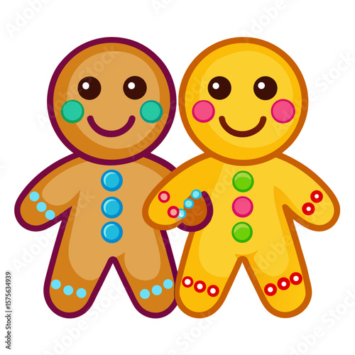 Two cute cartoon gingerbread cookies with colorful icing decorations smiling together