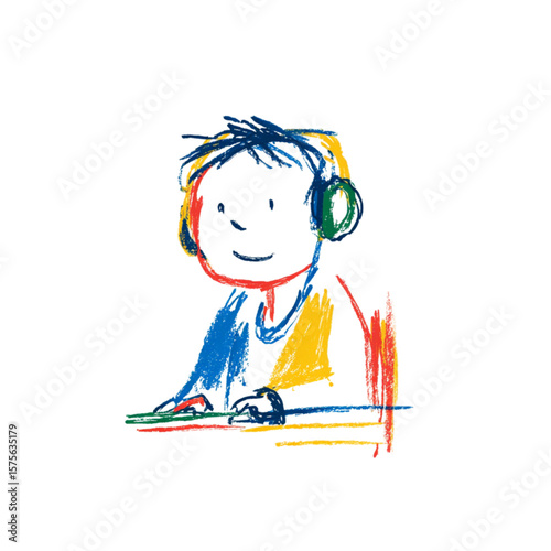 Young boy enjoying music while wearing headphones and smiling  