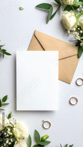 Elegant wedding concept with blank card, open envelope, golden rings, white roses, baby's breath, and greenery on white background.