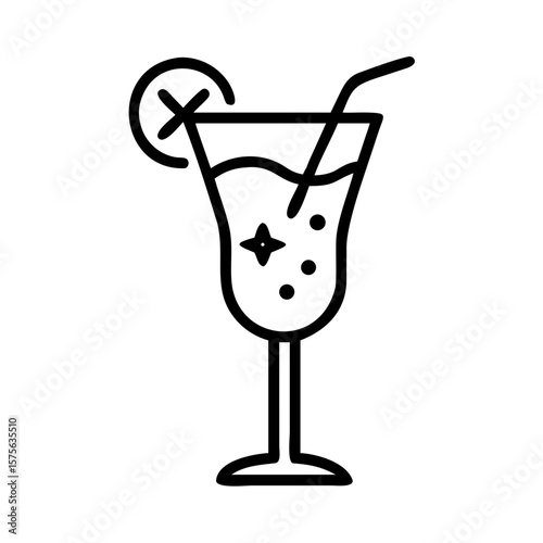 Line art of cocktail glass with lemon slice and straw  