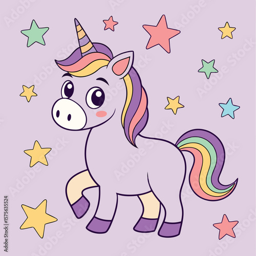 Adorable cartoon unicorn with rainbow mane and tail surrounded by colorful stars illustration