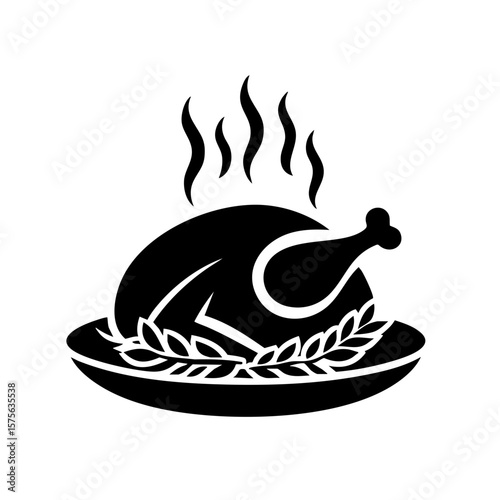 Roast chicken on a serving plate with steam rising above  