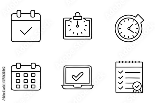 Outline icons of calendar, clock, and checklist for productivity  