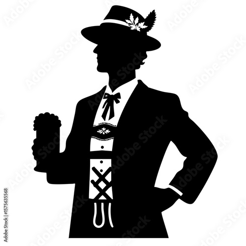 Traditional man holding beer stein in Bavarian attire silhouette  