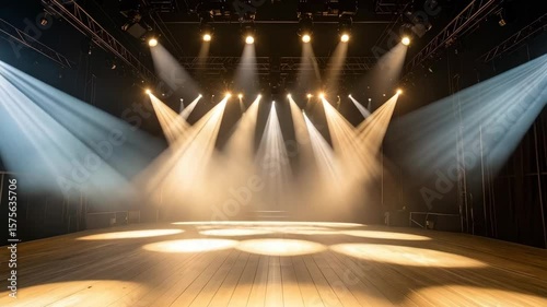 Empty theater stage illuminated by bright spotlights and visible haze, wooden floor, black curtains, theatrical lighting rig