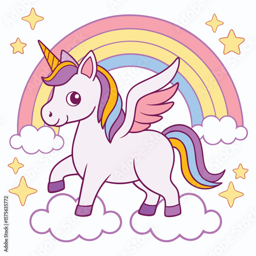 Adorable cartoon unicorn with rainbow wings and tail floating in the sky with clouds and stars.