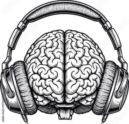 Illustration of a brain wearing headphones in black and white drawing style