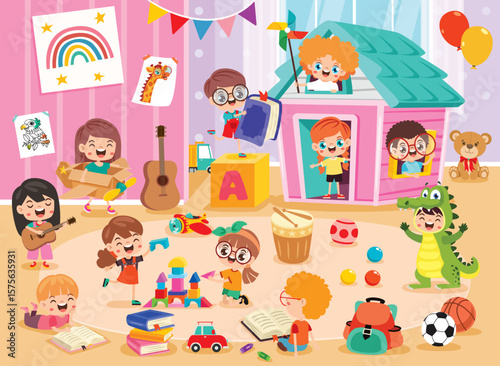 Kindergarten Scene With Cartoon Characters
