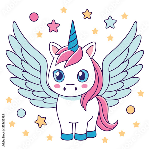Adorable cartoon unicorn with wings surrounded by starry elements on a white background