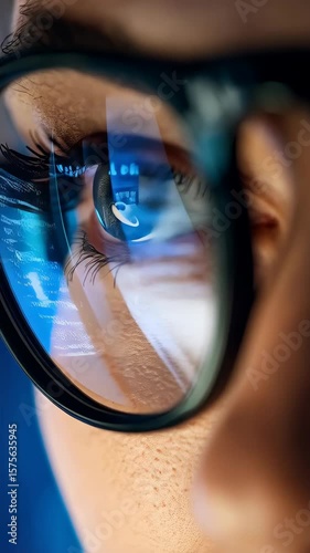 Close-up view of a woman with glasses, digital information reflected in the lens, coding on screen, eye focused on the screen.