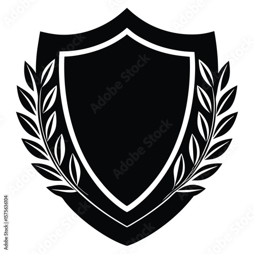 Black and white heraldic shield emblem with decorative laurel wreath element for design purposes.