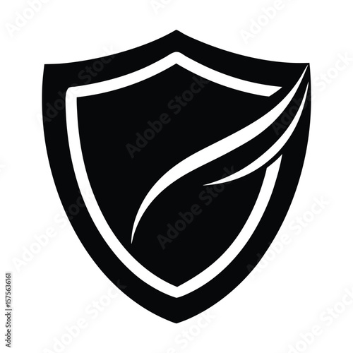 Black shield design with white outline and stylized wing element representing protection and security.