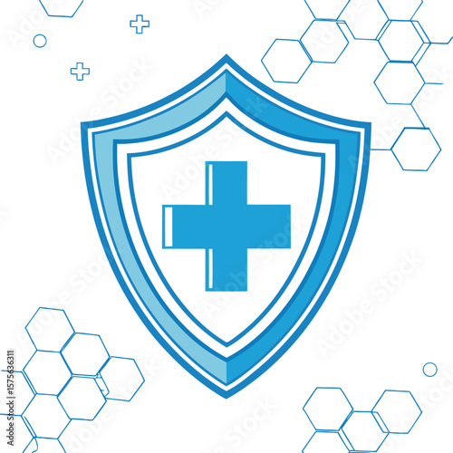 Blue shield with cross symbolizing healthcare protection and medical defense concept
