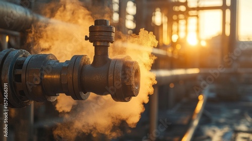 Industrial pipe valve emitting steam at sunset Close up view of rusty metal