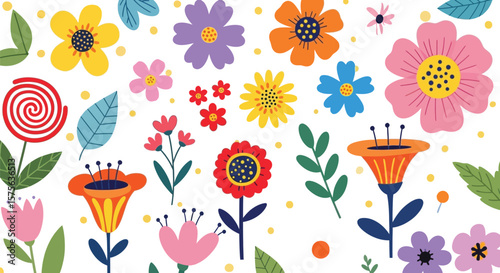 Colorful floral pattern with various flowers and leaves on a white background
