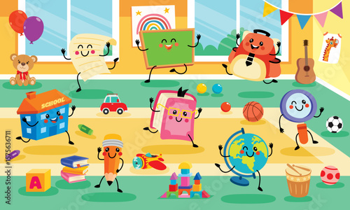 Kindergarten Scene With Cartoon Characters