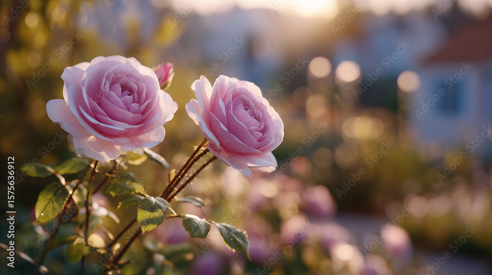 Obraz premium Soft pink and white roses shown close-up with detailed petal veins and gentle curves, garden sunlight casting warm glow and soft shadows, delicate floral elegance emphasized by out