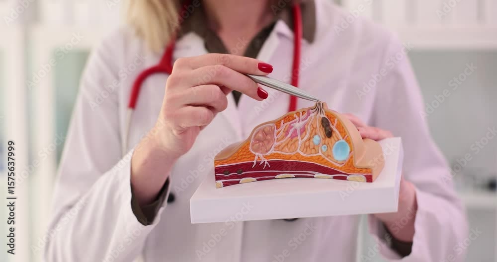 Female doctor holds anatomical model of breast while pointing with pen. Diagnostic explanation focuses on detailed anatomical structures of cancer