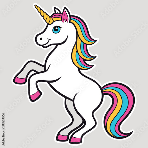 Colorful cartoon unicorn standing upright with rainbow mane and tail illustration