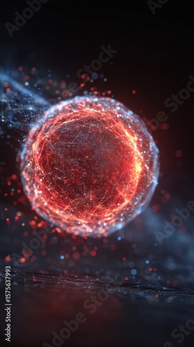 Abstract glowing sphere of light and particles with dark background