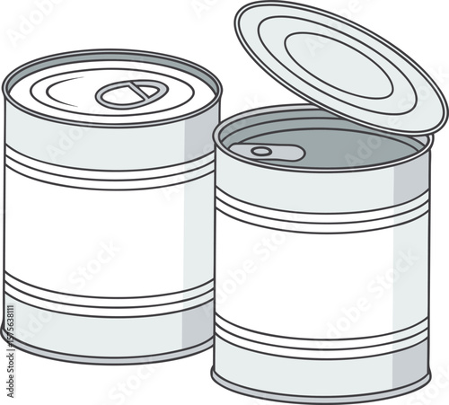 Vector art of two metal cans, one open and one closed, stand ready for food preservation and storage