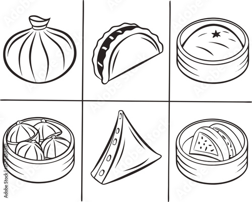 Vector art of a variety of delectable dim sum dishes served in traditional bamboo baskets, isolated on white background