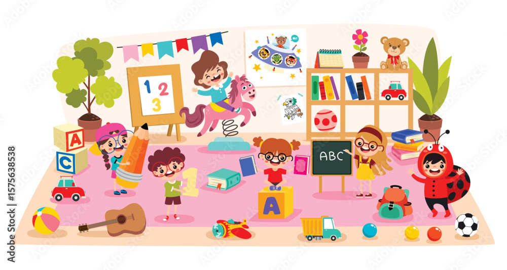 Fototapeta premium Kindergarten Scene With Cartoon Characters
