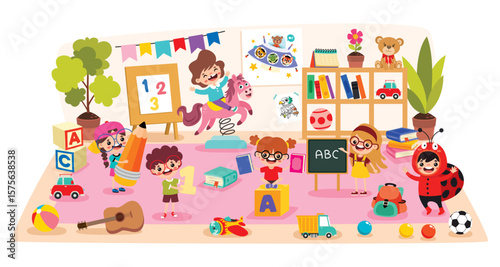 Kindergarten Scene With Cartoon Characters