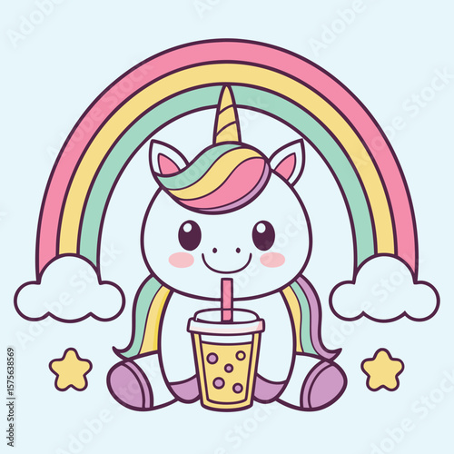 Cute cartoon unicorn with rainbow and bubble tea on light blue background