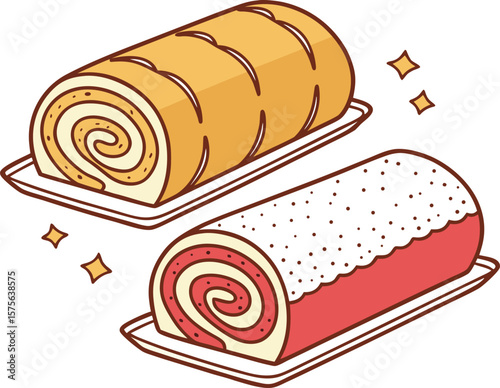 Vector art of two swiss rolls, one vanilla and one strawberry, are isolated on a white background