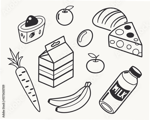 Vector art of a variety of cartoon food items are arranged together in a black and white vector illustration