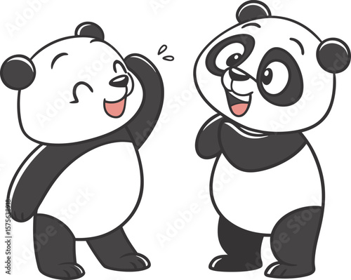 Vector art of two cartoon pandas isolated on white background are depicted with happy expressions and playful poses
