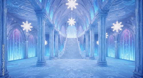 Dreamy Princess fantasy 4k Background, Pastel Frozen Ice Castle Hall Backdrop