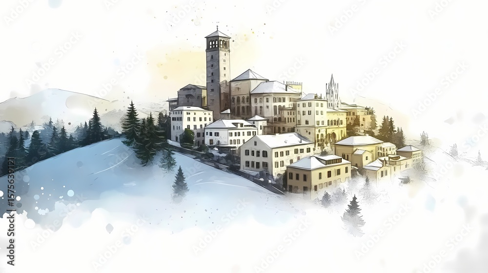 Fototapeta premium Snowy mountain village scene in watercolor style.