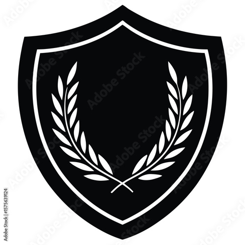 Elegant black shield emblem with laurel wreath inside suitable for various design concepts and purposes.