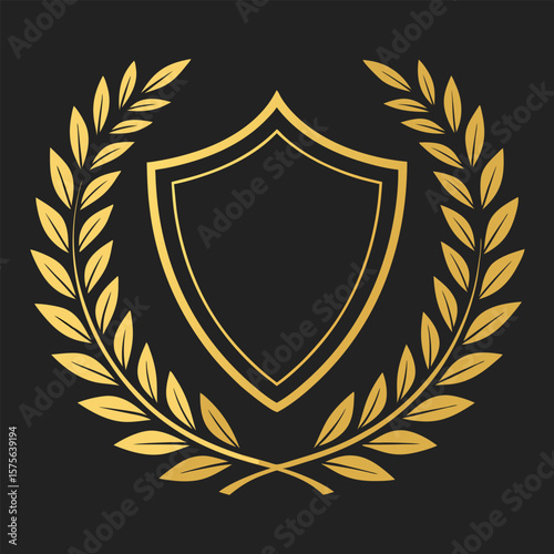 Elegant golden shield emblem surrounded by laurel wreath on a dark background design
