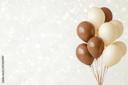Elegant cluster of brown and cream balloons with bokeh background creating a festive atmosphere